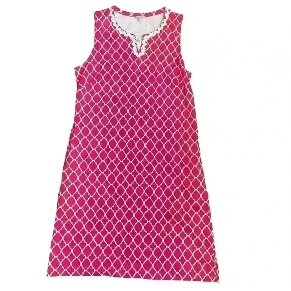 TALBOTS Pink White Quatrefoil Print MIDI Dress Size L Sleeveless Pockets Casual - Picture 1 of 10